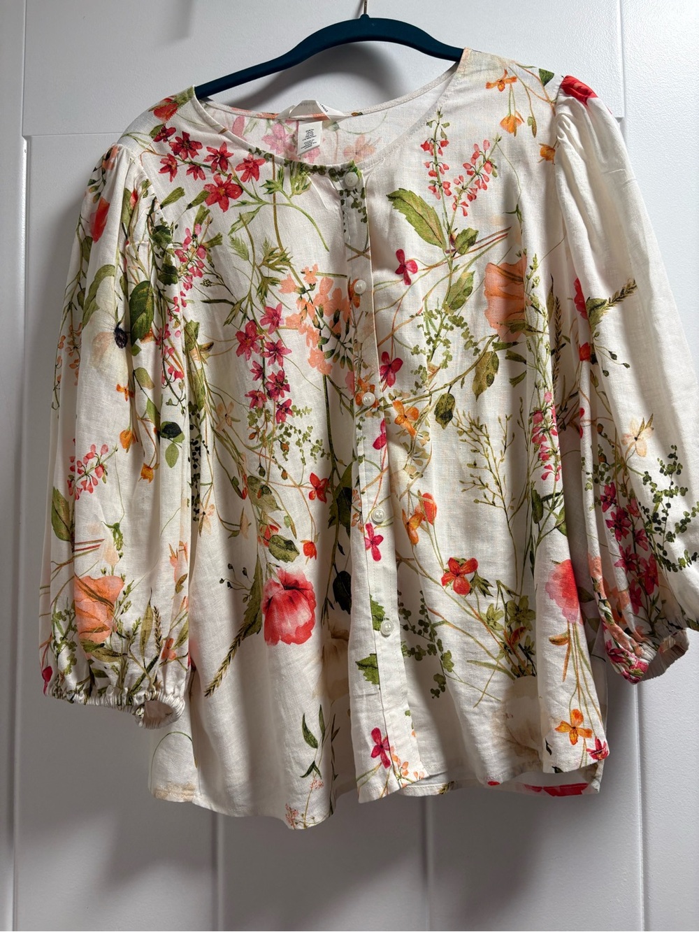H&M Cream Floral Button-Front Blouse with Puff Sleeves